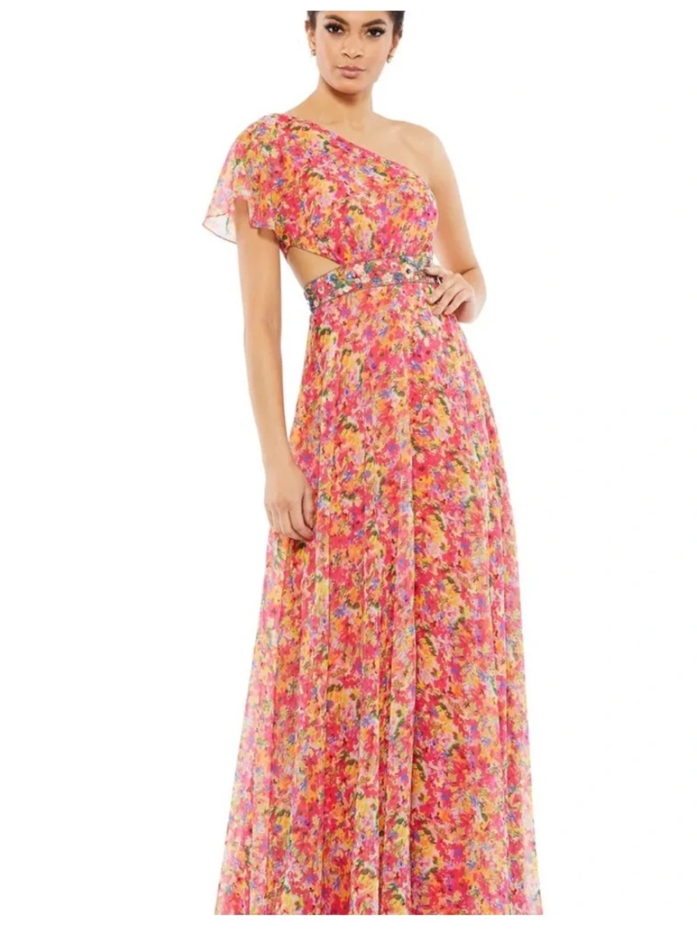 Mac Duggal One-Shoulder Floral Cutout Dress in Pink Multicolor